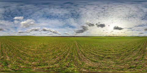 full seamless spherical hdri panorama 360 degrees angle view on among farming fields in summer day with awesome clouds in equirectangular projection, ready for VR AR virtual reality content