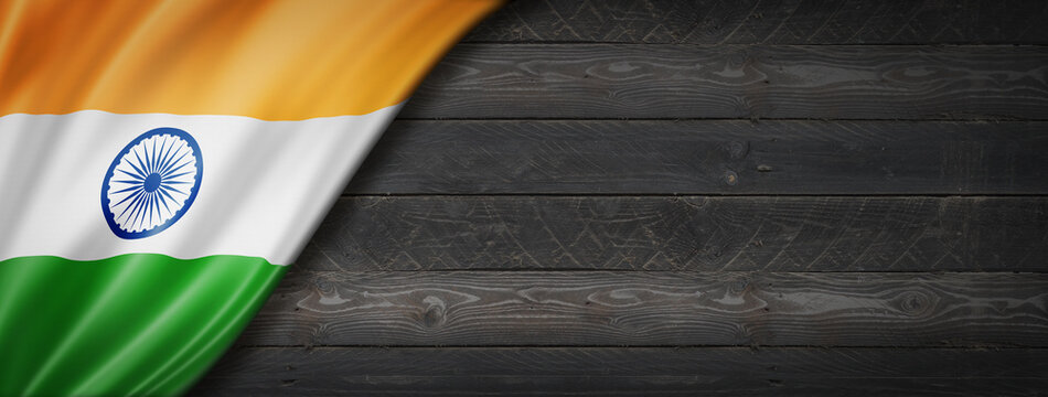 Indian flag on black wood wall banner