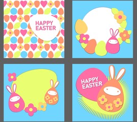 Set of Easter cards, backgrounds, heart, pattern, circle, egg, flowers, bunnies with ears, Easter bunny egg. Happy Easter lettering. Neon bright colors. Applique style, cut out paper. EPS10