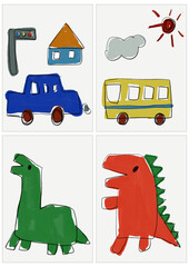 子供が鉛筆と水彩絵の具で描いたような、車やバス、恐竜のの手描きイラスト