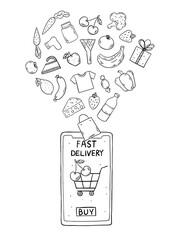 E-commerce design concept. Vintage vector illustration. Internet shopping ecommerce concept. Hand drawn sketch. Buy button on the screen.