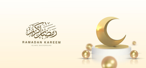 Fototapeta na wymiar Luxury Ramadan Kareem promotional banner or background template vector design With 3d Realistic golden crescent moon standing on podium with pearls. 