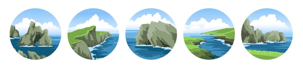 Cliffs, rocks, coasts, mountains, sea capes. Set of simple round hand-drawn vector illustrations with ocean scenic view