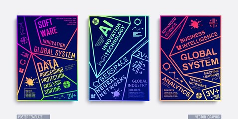 Vector poster templates with abstract polygonal structure. Trendy low poly cover pages. Linear graphics with neon colors. Information Technology