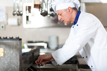 Chef frying food in his kitchen