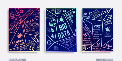 Vector poster templates with abstract polygonal structure. Trendy low poly cover pages. Linear graphics with neon colors. Information Technology