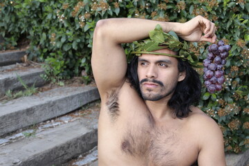 Attractive Mediterranean man with laurel crown holding grapes 