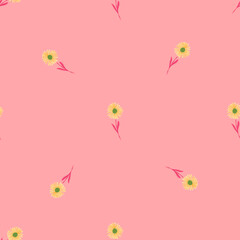 Abstract floral seamless pattern with doodle chrysanthemum flowers ornament. Pink background.