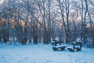 Winter landscape in Braunschweig, Lower Saxony, Germany. Beautiful snow covered Westpark during sunset in Winter