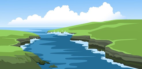 Beautiful green irish coastlines. Sea and ocean panoramic view. Hand-drawn vector background. Flat nature illustration © Anastasia