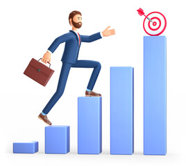 3D illustration of man climbing the steps to success target. Cute cartoon businessman with briefcase reaching goals. Objective achievement, business motivation, career growth concept.