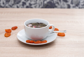 a cup of tea on a wooden table