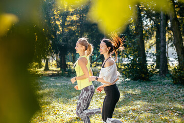 a group of young people for a jog beautiful morning as the sun rises on beautiful autumn park together. Two women friends run together in fall season.