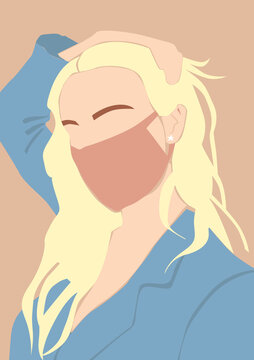 Blonde girl in beige mask on the pastel isolated background. Blonde woman in blue costume.