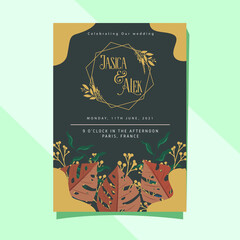 Wedding invitation card template with beautiful rustic floral decorating and colorful leaves on gray background