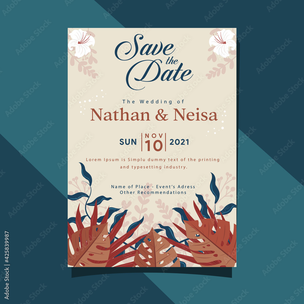 Wall mural save the date, wedding invitation card template in soft color, rustic leaf background.vector illustr