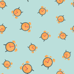 Random abstract seamless pattern with bright orange alarm clock elements. Pastel blue background.