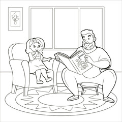 Coloring book a loving father is reading a book to his daughter, sitting next to her on a stool. Vector illustration of black and white line art