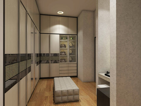 modern fitting room interior with wardrobe clothes 