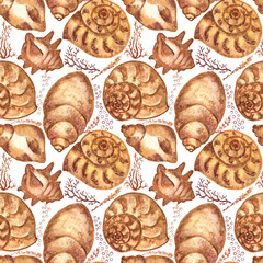 Marine background with seashells and corals. Watercolor seamless pattern. Perfect for creating fabrics, textile, decoupage, wallpapers, print, gift wrapping paper, invitations, textile.