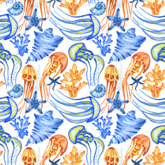 Watercolor seashells and starfish seamless pattern. Illustration of jellyfishes and sea stars for  for creating fabrics, textile, decoupage, wallpapers, print, gift wrapping paper, invitations.