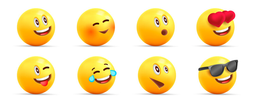 Smiley Face 3d Icons Or Yellow Emojies With Dofferent Happy Expressions, Spheric Characters Loaughing, In Love And Cool