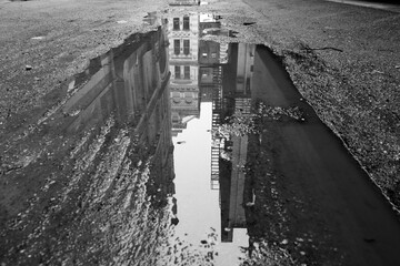 buildings reflected in water on pavement 