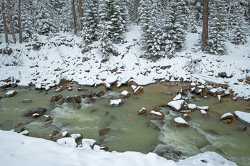 Winter landscape of the Uncompahgre River captured with motion blur, Ouray, Colorado, USA