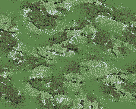 Woodland camouflage seamless pattern. Splash (sprayed) texture. Green, brown, gray, black and khaki color.