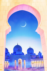 ramadan Kareem background. Sheikh Zayed grand mosque with crescent moon and star