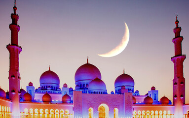 ramadan Kareem background. Sheikh Zayed grand mosque with crescent moon and star