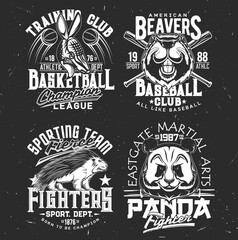 T-shirt prints armadillo, panda, beaver and porcupine vector mascots. Sport team uniform apparel design. Isolated labels with wild animals and typography, t shirt print or emblem for sport club © Vector Tradition