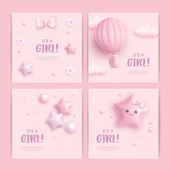 Obraz na płótnie Canvas Set of baby shower invitation with cartoon air balloon, helium balloons and flowers on pink background. It's a girl. Vector illustration