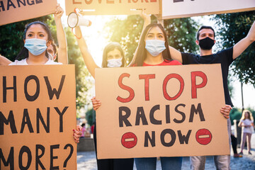 Group of young people during a peaceful demonstration on human rights, against racism and for...