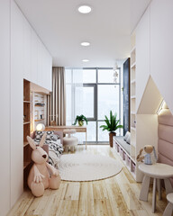 modern girls bedroom with panoramic window and flowers