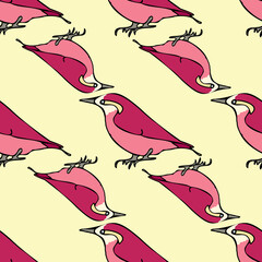 Vector pastel yellow background various red birds seamless pattern. Purple Finch, Seamless pattern background