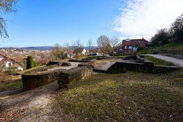 Nuertingen, Germany - February 21, 2020: View of old wall from Roman badroom in Nuertingen / Oberensingen.