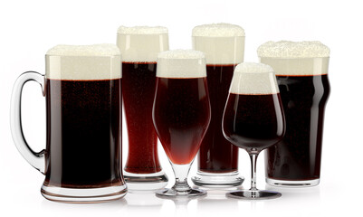 Set of fresh stout beer glasses with bubble froth isolated on white background.