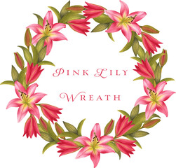Pink lily wreath, watercolor lily flowers frame