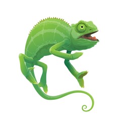 Chameleon cartoon vector green lizard animal character. Tropical jungle reptile hunting prey with open mouth, sticky tongue and prehensile tail, Madagascar chameleon zoo mascot or symbol