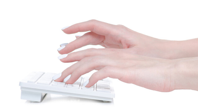 White keyboard with female hand on white background isolation