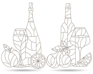 A set of contour illustrations in the style of stained glass with compositions of wine and fruit, still lifes in isolation, dark contours on a white background
