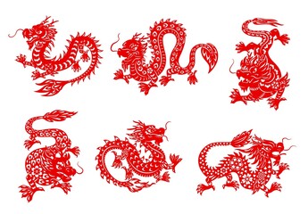 Asian zodiac horoscope dragon vector papercuts. Red dragon animal isolated horoscope symbols with Asian paper cut ornaments of flowers, fire flames and clouds, oriental astrology