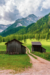 Old alpine hut in the Dolomites, Italy.