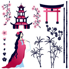 Asian girl, pagoda, gate, sakura flowers, bamboo stems on a white background. Vector set of elements for design isolated from the background.
