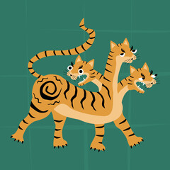 Three-headed golden tiger. Fantastic creature. Traditions and culture of Asia. Wild tiger vector illustration
