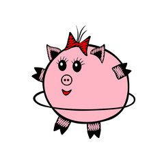 Pink Vector piggy fat girl hula hooping on a white background
