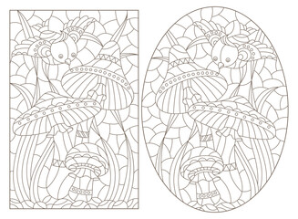 Set of contour illustrations in the style of a stained glass window with mushrooms and a butterfly, dark outlines on a white background