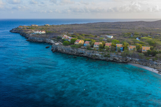 Aerial view above coast scenery of Curacao, Caribbean with ocean and beach