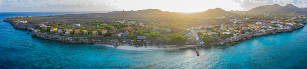 Aerial view above coast scenery of Curacao, Caribbean with ocean and beach